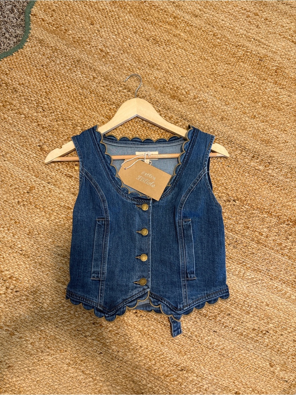 Listicle Dark Blue Scallop-Trim Denim Vest